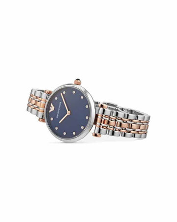 NEW GENUINE EMPORIO ARMANI AR11092 GIANNI T-BAR SILVER GOLD A&amp; BLUE WOMENS WATCH