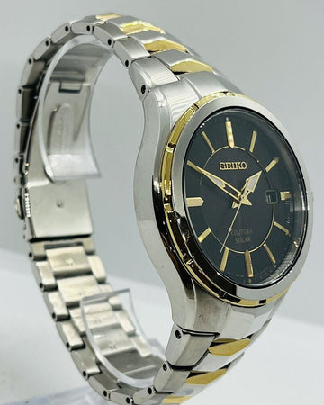 Seiko Men's Coutura Solar Two Tone Black Dial 43mm 10ATM Sapphire Watch SNE412