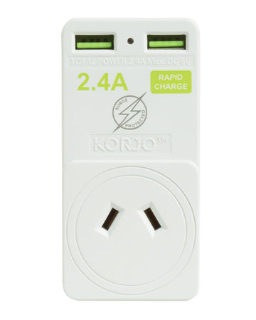 KORJO 2 PORT USB &amp; POWER ADAPTOR 2X USB Sockets Australia