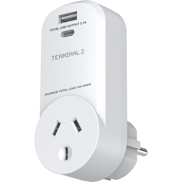 Terminal 2 Outbound Travel Adaptor with USB-A and USB-C Ports Europe