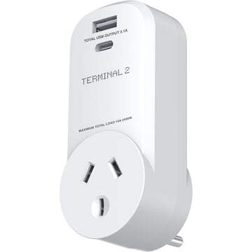 Terminal 2 Outbound Travel Adaptor with USB-A and USB-C Ports USA