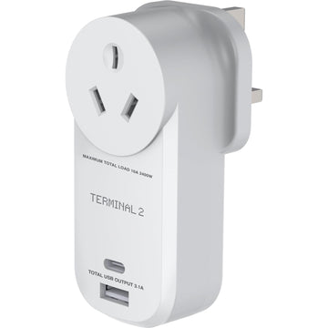 Terminal 2 Outbound Travel Adaptor with USB-A and USB-C Ports UK