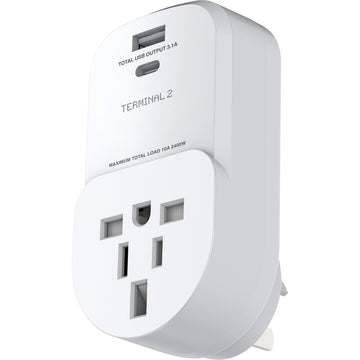 Terminal 2 Inbound Travel Adaptor with USB-A and USB-C Ports Australia