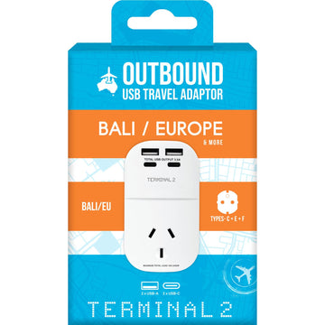 Terminal 2 Outbound Travel Adaptor with 4 USB Ports for Europe, Russia, Vietnam & More