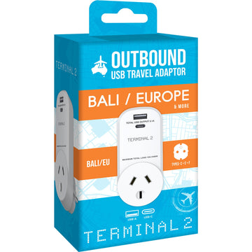 Terminal 2  Outbound Travel Adaptor with 2 USB 3.1 Ports (Europe & Bali)