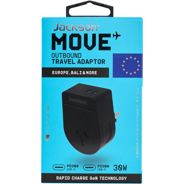 Jackson MOVE Rapid Charge PD30W USB-C Outbound Travel Adaptor for Europe, Bali & More