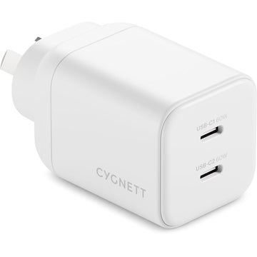 Cygnett Charge &amp; Connect 60W Dual USB-C Wall Charger with 1m C-C Cable (White)